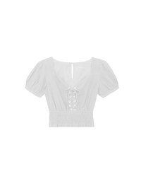 Puff Sleeve Smocked Hem Crop Top with Lace Up Front Detail