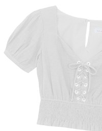 Puff Sleeve Smocked Hem Crop Top with Lace Up Front Detail