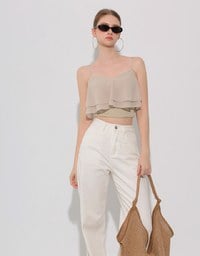Double Ruffled Layered Chiffon Padded Camisole Top with Adjustable Straps