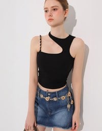 Asymmetric Cut Out Knit Padded Tank Top with Chain Strap