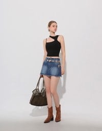 Asymmetric Cut Out Knit Padded Tank Top with Chain Strap