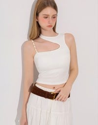 Asymmetric Cut Out Knit Padded Tank Top with Chain Strap