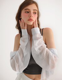 Oversized Sheer Vertical Stripe Button Down Cropped Shirt