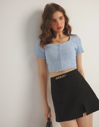 Waistline Gold Chain Detail High Waist Front Slit Mini Skirt