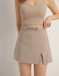 Waistline Gold Chain Detail High Waist Front Slit Mini Skirt