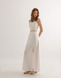 Side Ruched High Waist Maxi Skirt with Front Slit