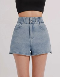 Cooling Fabric Double Button Jeans Denim Shorts with Heart Pocket Stitching