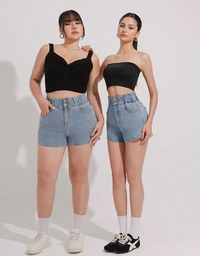 Cooling Fabric Double Button Jeans Denim Shorts with Heart Pocket Stitching