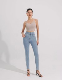 Cooling Fabric Double Button Jeans Denim Skinny Pants with Heart Pocket Stitching