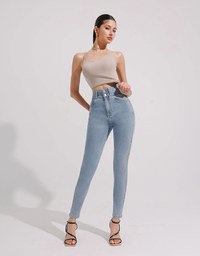 Cooling Fabric Double Button Jeans Denim Skinny Pants with Heart Pocket Stitching