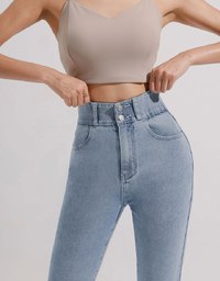 Cooling Fabric Double Button Jeans Denim Skinny Pants with Heart Pocket Stitching
