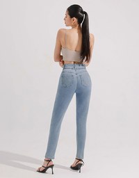 Cooling Fabric Double Button Jeans Denim Skinny Pants with Heart Pocket Stitching