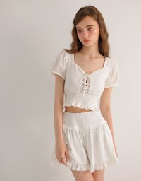 High Waist Tiered Crinkle Shorts with Ruffled Lace Hem Detail