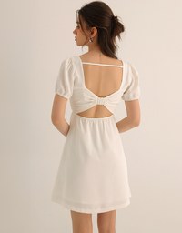 Ruched Front Puff Sleeve Mini Dress with Back Cut out Detail