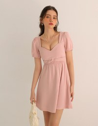 Ruched Front Puff Sleeve Mini Dress with Back Cut out Detail