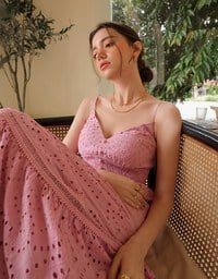 Boho Bohemian Style V Neck Eyelet Lace Tiered Padded Maxi Dress