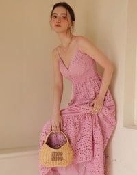 Boho Bohemian Style V Neck Eyelet Lace Tiered Padded Maxi Dress
