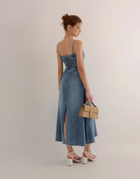 Spaghetti Strap Washed Jeans Denim Frayed Hem Maxi Dress