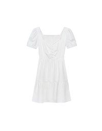 Sweetheart Neckline Puff Sleeve Tiered Mini Dress with Button Detail