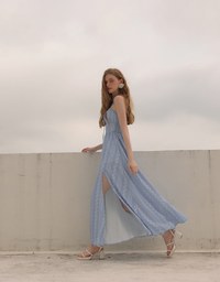 Dainty Floral Embroidery Tie Front Padded Flowy Maxi Dress