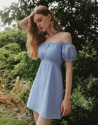 Gingham Off Shoulder Puff Sleeve Button Front Padded Mini Dress
