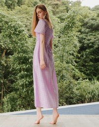 Sweetheart Puff Sleeve Ruched Bodice Check Padded Maxi Dress