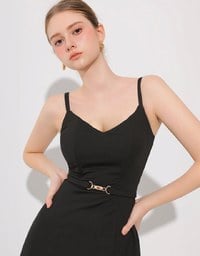 AIRY HOURGLASS V Neck Padded Mini Dress with Gold Buckle Waist Detail