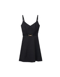 AIRY HOURGLASS V Neck Padded Mini Dress with Gold Buckle Waist Detail