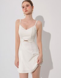 AIRY HOURGLASS V Neck Padded Mini Dress with Gold Buckle Waist Detail