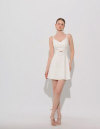 AIRY HOURGLASS V Neck Padded Mini Dress with Gold Buckle Waist Detail