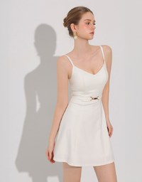 AIRY HOURGLASS V Neck Padded Mini Dress with Gold Buckle Waist Detail