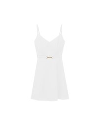 AIRY HOURGLASS V Neck Padded Mini Dress with Gold Buckle Waist Detail