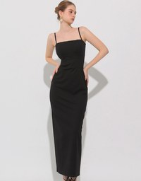 AIRY HOURGLASS Fitted Square Neck Padded Maxi Dress with Back Slit and Adjustable Straps