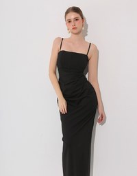 AIRY HOURGLASS Fitted Square Neck Padded Maxi Dress with Back Slit and Adjustable Straps
