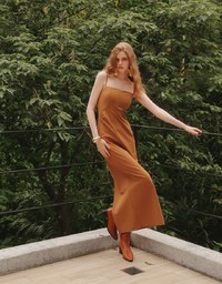 AIRY HOURGLASS Fitted Square Neck Padded Maxi Dress with Back Slit and Adjustable Straps