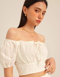 Textured Puff Sleeve Crop Top And Asymmetrical Ruffle Mini Skirt Set Wear (2-Way Wearable Design)