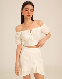 Textured Puff Sleeve Crop Top And Asymmetrical Ruffle Mini Skirt Set Wear (2-Way Wearable Design)