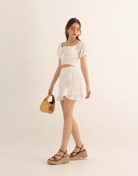 Textured Puff Sleeve Crop Top And Asymmetrical Ruffle Mini Skirt Set Wear (2-Way Wearable Design)