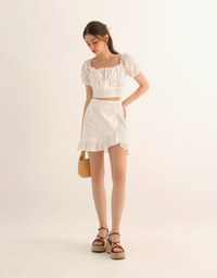Textured Puff Sleeve Crop Top And Asymmetrical Ruffle Mini Skirt Set Wear (2-Way Wearable Design)
