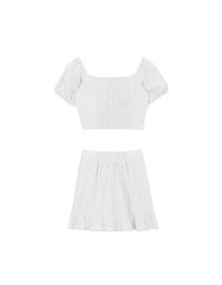 Textured Puff Sleeve Crop Top And Asymmetrical Ruffle Mini Skirt Set Wear (2-Way Wearable Design)