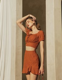 Textured Puff Sleeve Crop Top And Asymmetrical Ruffle Mini Skirt Set Wear (2-Way Wearable Design)