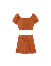 Textured Puff Sleeve Crop Top And Asymmetrical Ruffle Mini Skirt Set Wear (2-Way Wearable Design)