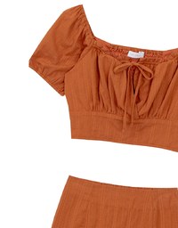 Textured Puff Sleeve Crop Top And Asymmetrical Ruffle Mini Skirt Set Wear (2-Way Wearable Design)