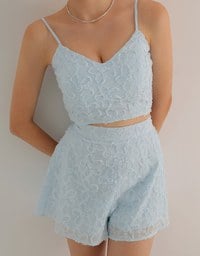 Floral Textured Spaghetti Strap Cami Padded Top with Matching High Waist Shorts Set Wear