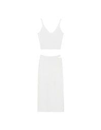 Double Shoulder Strap Ribbed Cami Top and Side Waist Cutout Knit Maxi Skirt Set Wear