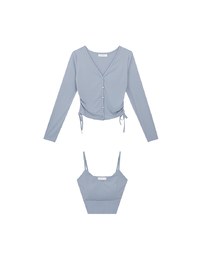 Cooling Fabric Side Ruched Button Cardigan and Adjustable Padded Bra Top Set Wear