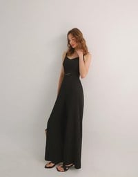 Contrast Spaghetti Strap Waist Cut Out Wide Leg Padded Jumpsuit