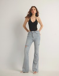 Sexy V Neck Ribbed Halter Padded Bodysuit