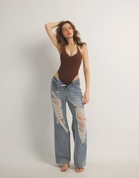 Sexy V Neck Ribbed Halter Padded Bodysuit