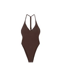 Sexy V Neck Ribbed Halter Padded Bodysuit